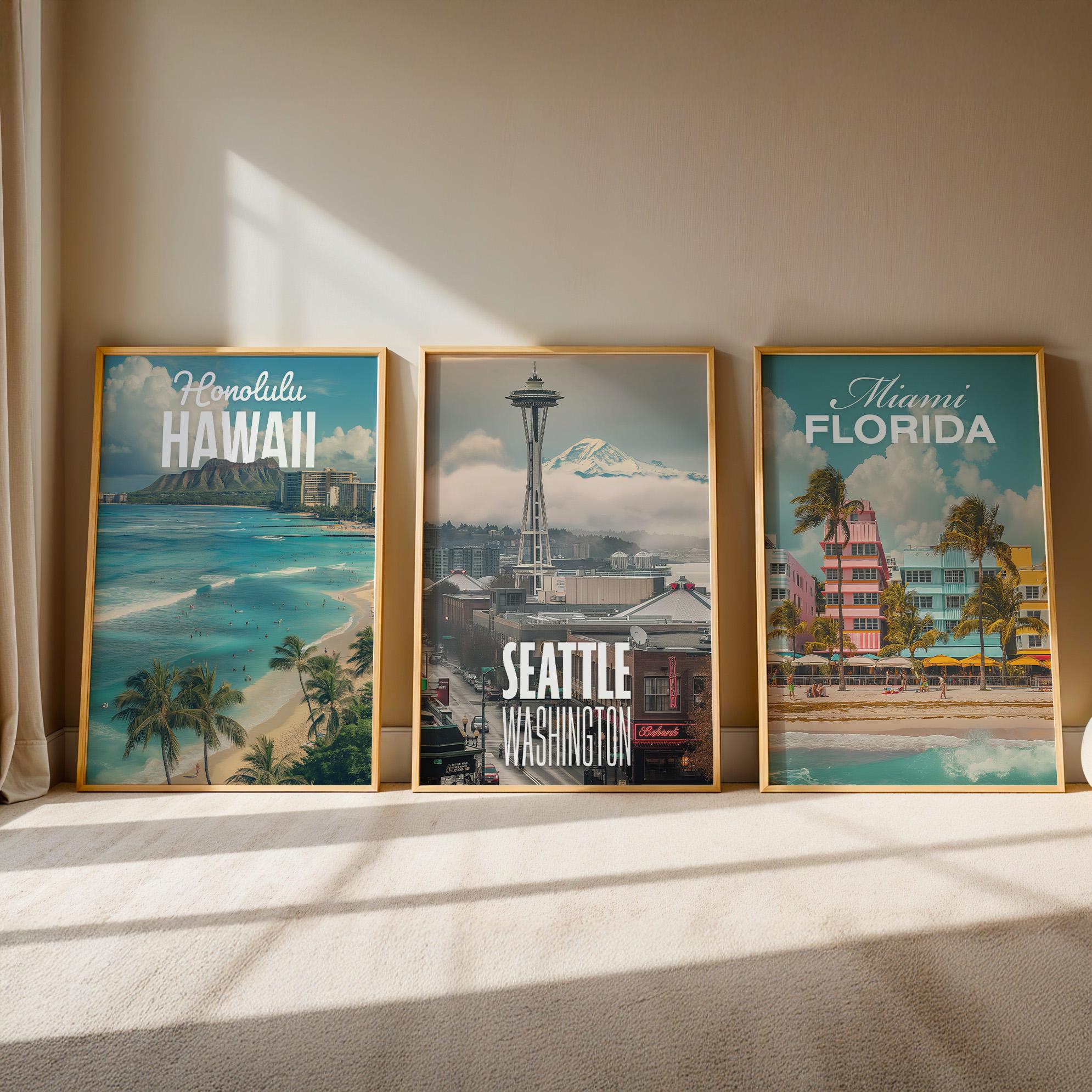 Coastal Cityscape Art Print Set: Honolulu, Miami, Seattle (Digital Downloadable, Printable)
