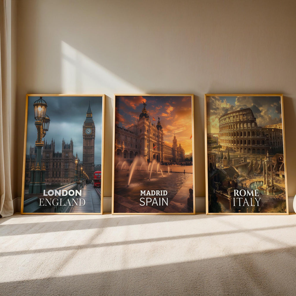 Europe Cityscape Prints: London, Rome, Madrid Gallery Wall Set (Digital Downloadable, Printable)