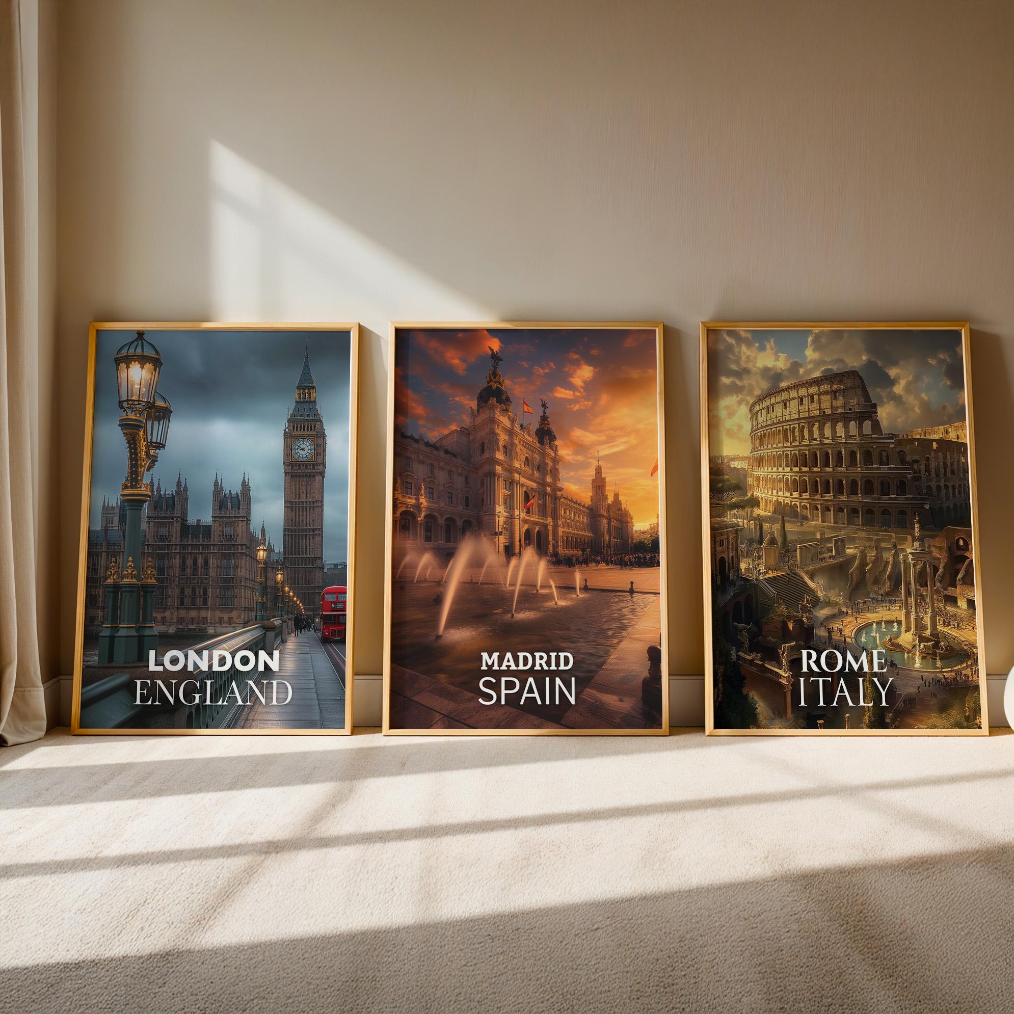 Europe Cityscape Prints: London, Rome, Madrid Gallery Wall Set (Digital Downloadable, Printable)
