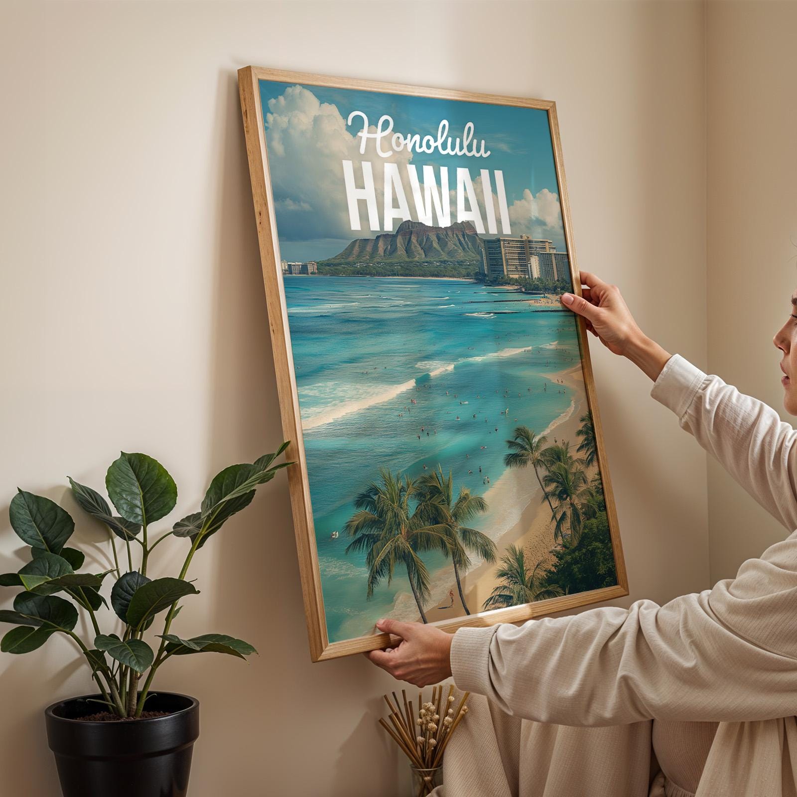 Waikiki Beach Print: Vibrant Honolulu Hawaii Landscape Art (Digital Download)