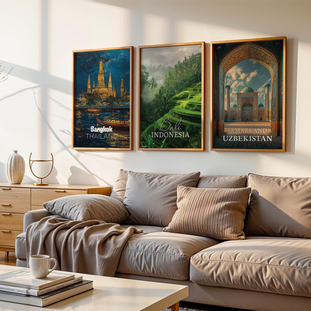 Exotic Asia Cityscape Prints: Bali, Bangkok, Samarkand (Digital Downloadable Gallery Set)