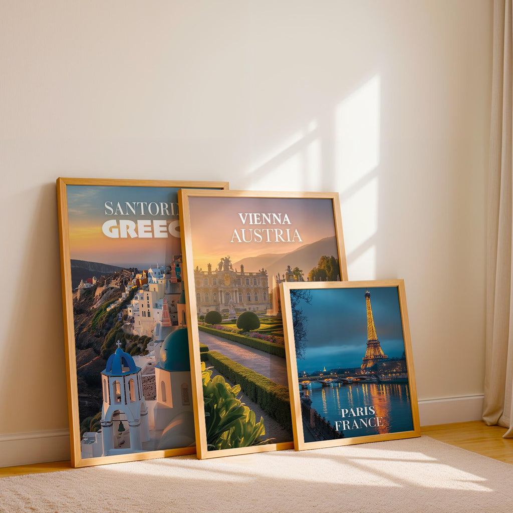 Romantic Europe Cityscape Prints: Santorini, Rome, Vienna (Digital Downloadable Gallery Wall Set)