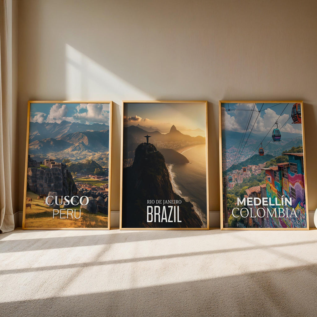 South America Cityscape Art Prints: Rio, Cusco, Medellín (Digital Downloadable Gallery Set)