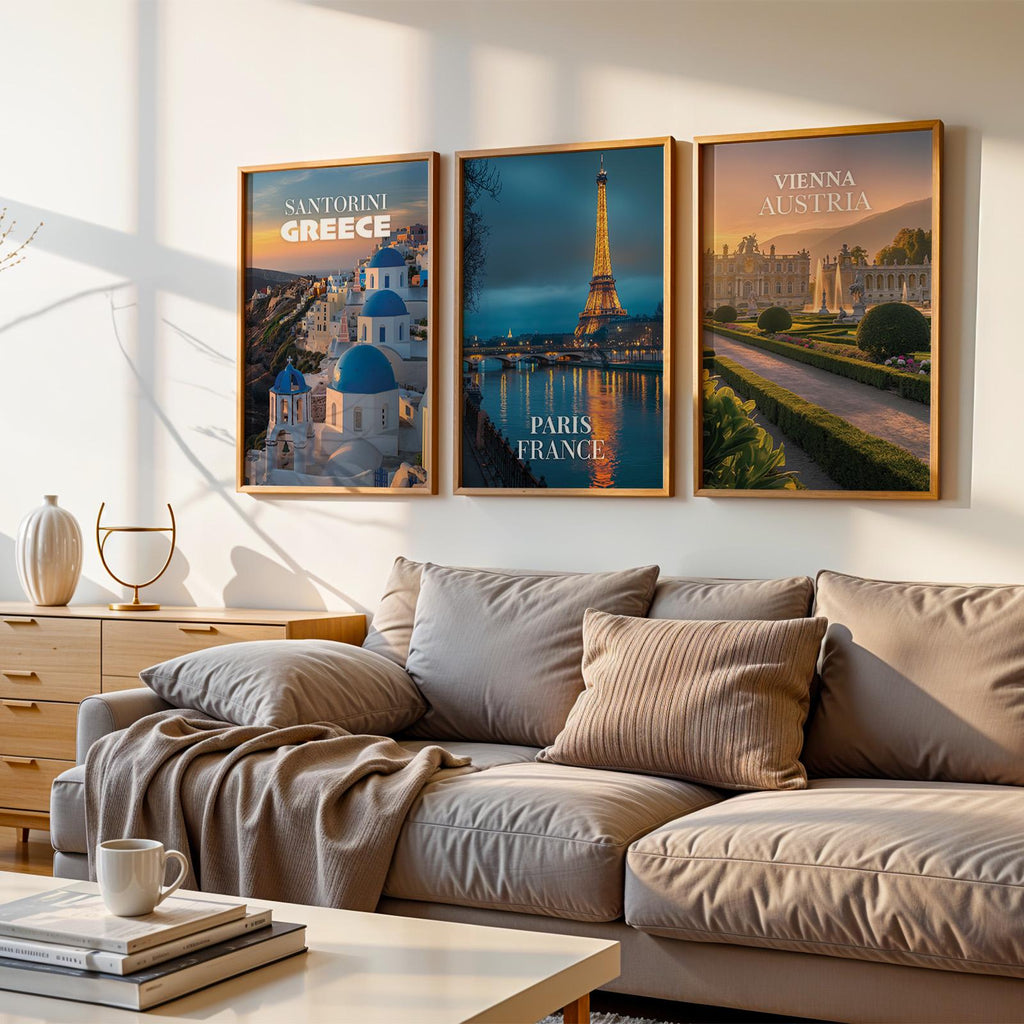 Romantic Europe Cityscape Prints: Santorini, Rome, Vienna (Digital Downloadable Gallery Wall Set)