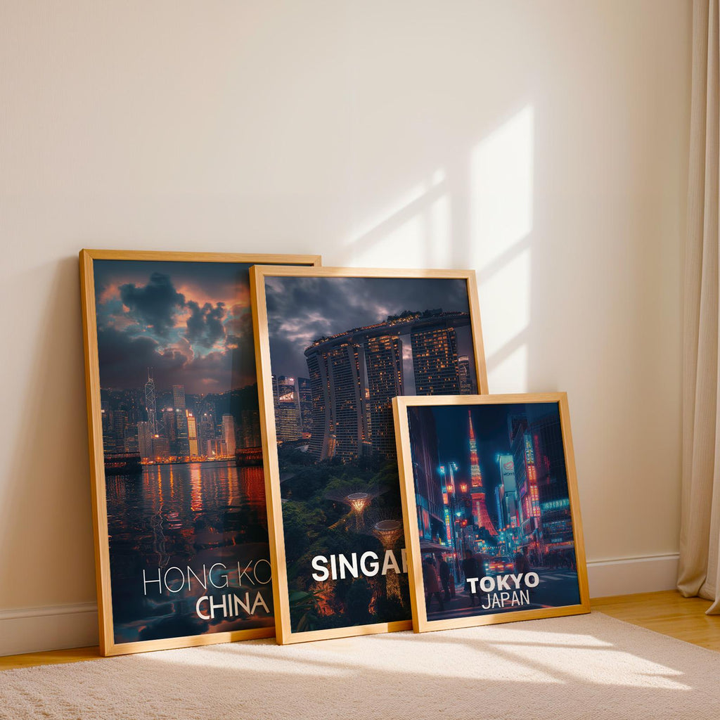 Asia Cityscape Wall Art Print Set: Tokyo, Singapore, Hong Kong (Digital Downloadable, Printable)