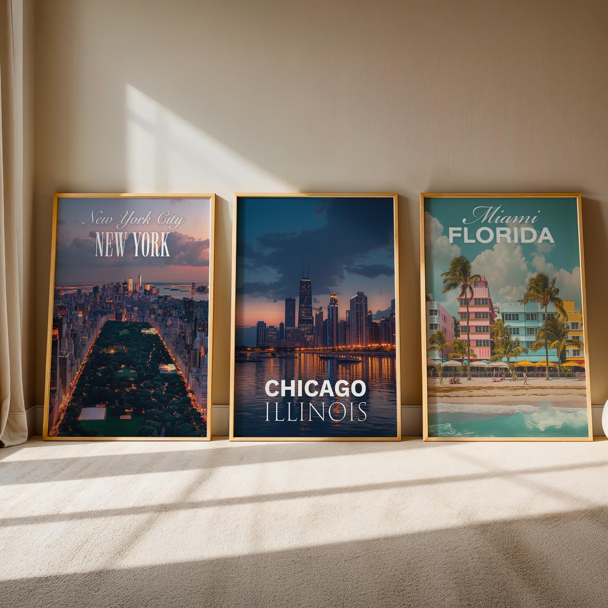 North America Cityscape Prints: New York, Chicago, Miami (Digital Downloadable Gallery Set)