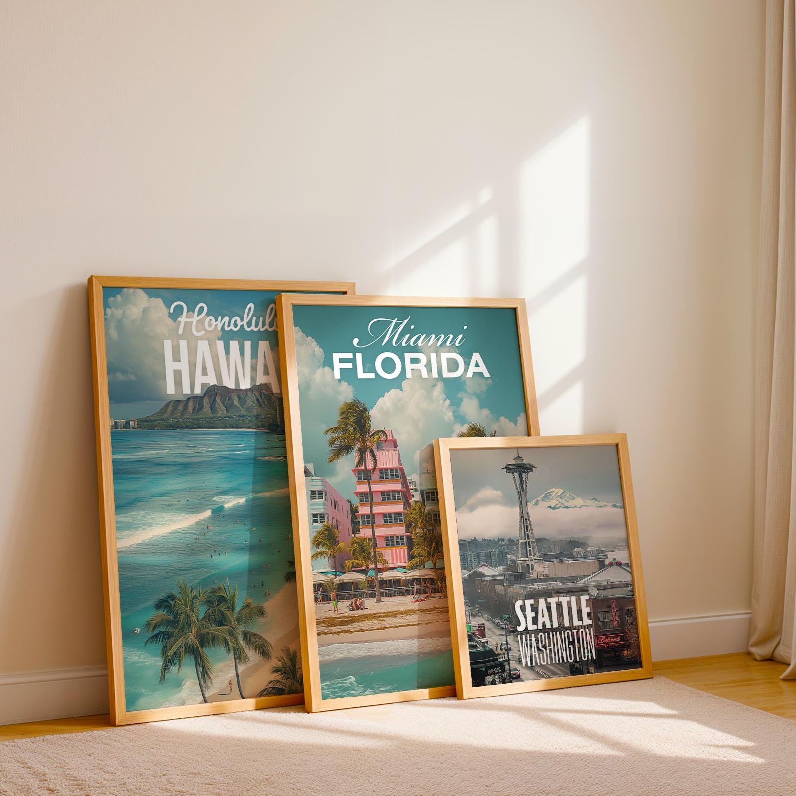 Coastal Cityscape Art Print Set: Honolulu, Miami, Seattle (Digital Downloadable, Printable)