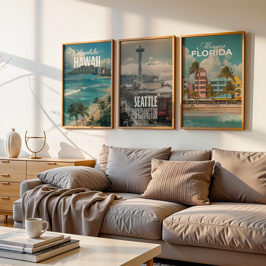 Coastal Cityscape Art Print Set: Honolulu, Miami, Seattle (Digital Downloadable, Printable)