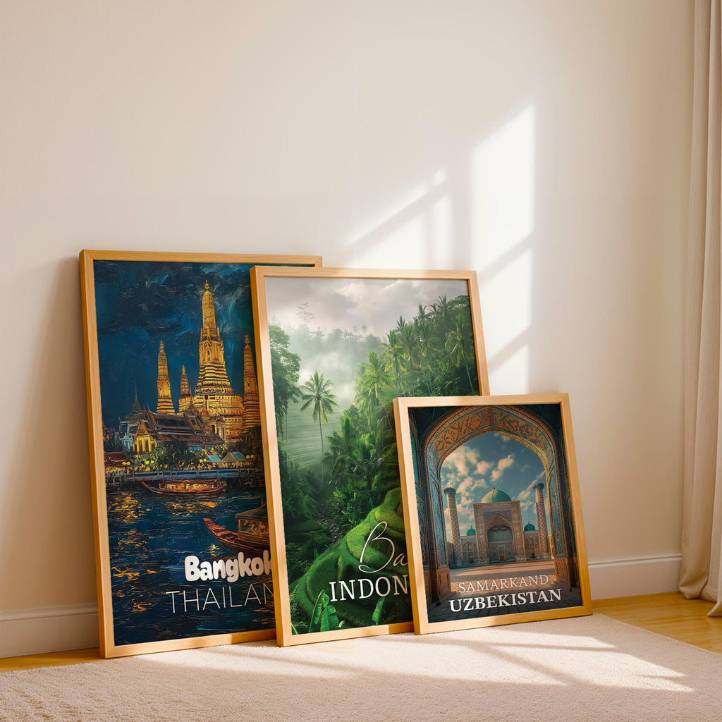 Exotic Asia Cityscape Prints: Bali, Bangkok, Samarkand (Digital Downloadable Gallery Set)