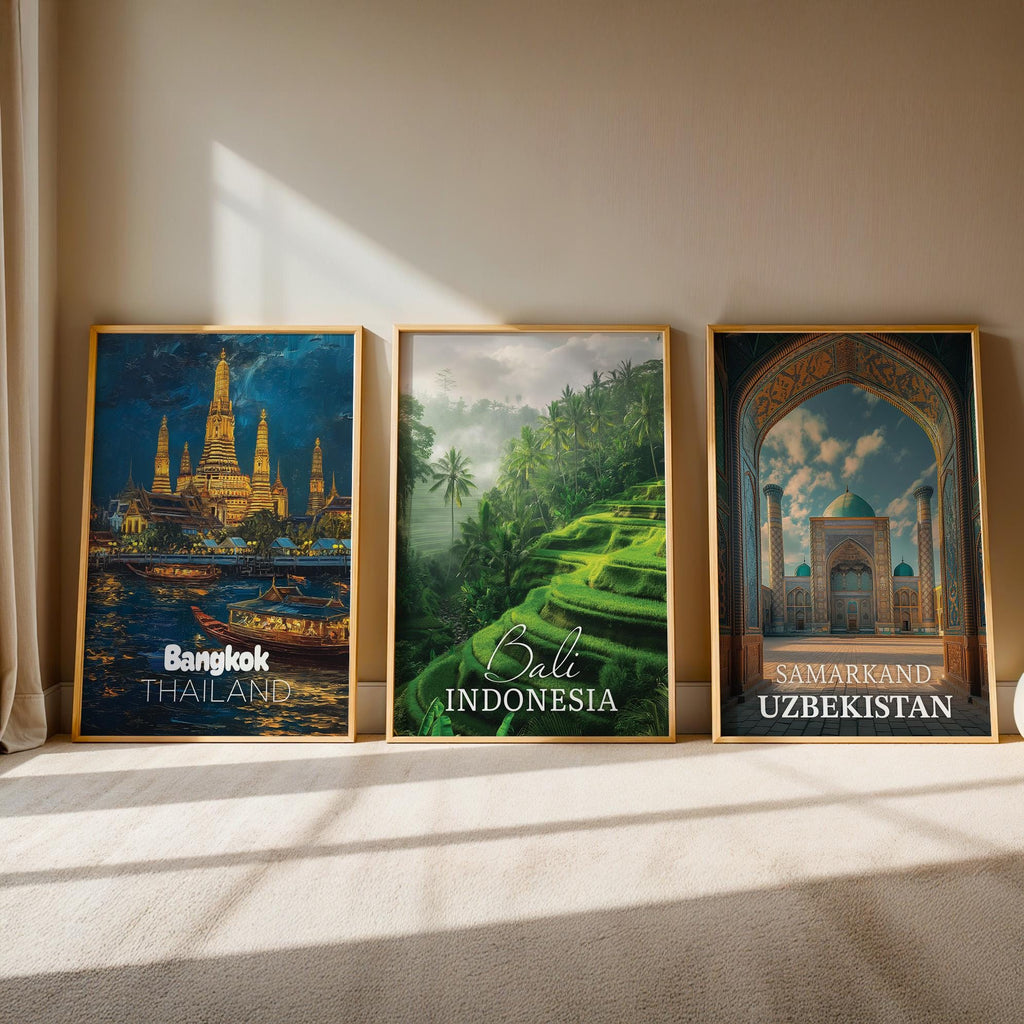 Exotic Asia Cityscape Prints: Bali, Bangkok, Samarkand (Digital Downloadable Gallery Set)