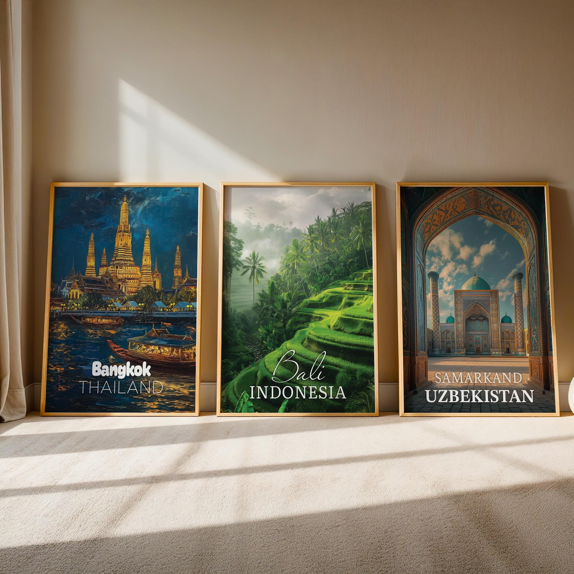 Exotic Asia Cityscape Prints: Bali, Bangkok, Samarkand (Digital Downloadable Gallery Set)