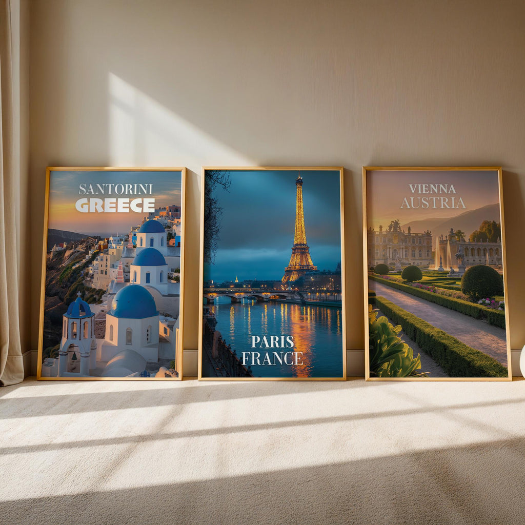 Romantic Europe Cityscape Prints: Santorini, Rome, Vienna (Digital Downloadable Gallery Wall Set)