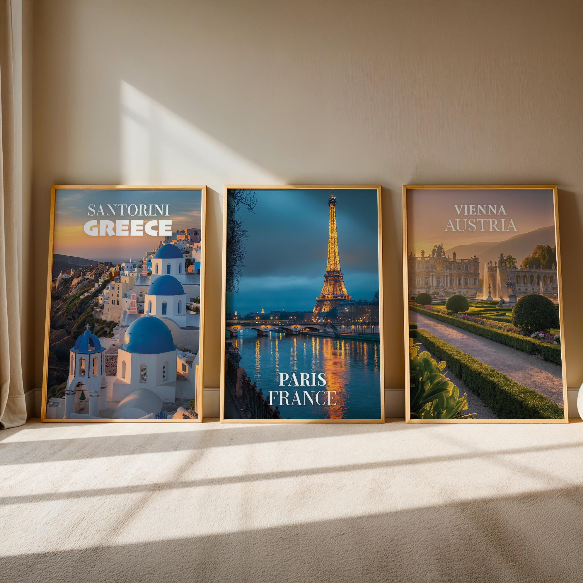 Romantic Europe Cityscape Prints: Santorini, Rome, Vienna (Digital Downloadable Gallery Wall Set)